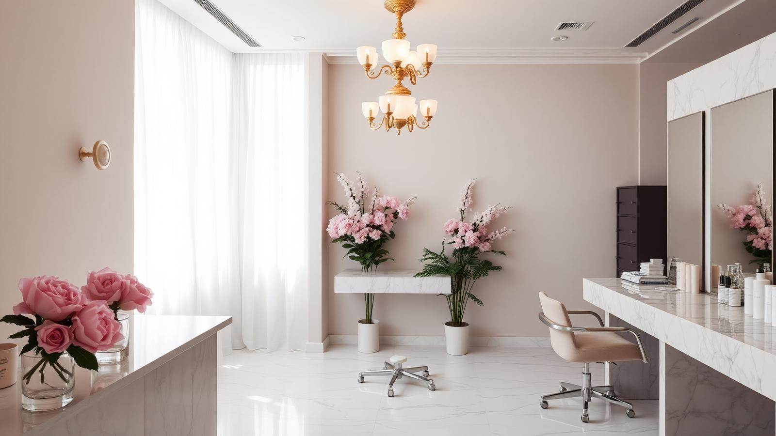 A minimal high-end beauty salon with marble counters and pink florals